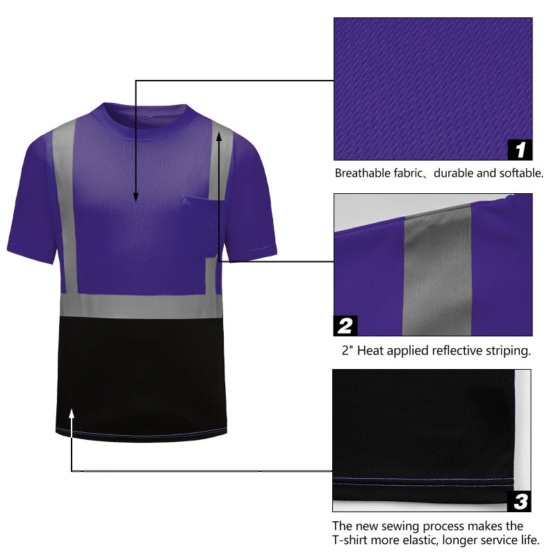 DPSAFETY High Visibility Shirts Quick Dry Safety T Shirts with Reflective Strips and Pocket Short Sleeve Mesh Hi Vis Construction Work Class 2 Shirt for Men/Women Black Bottom Purple,6XL - Image 2